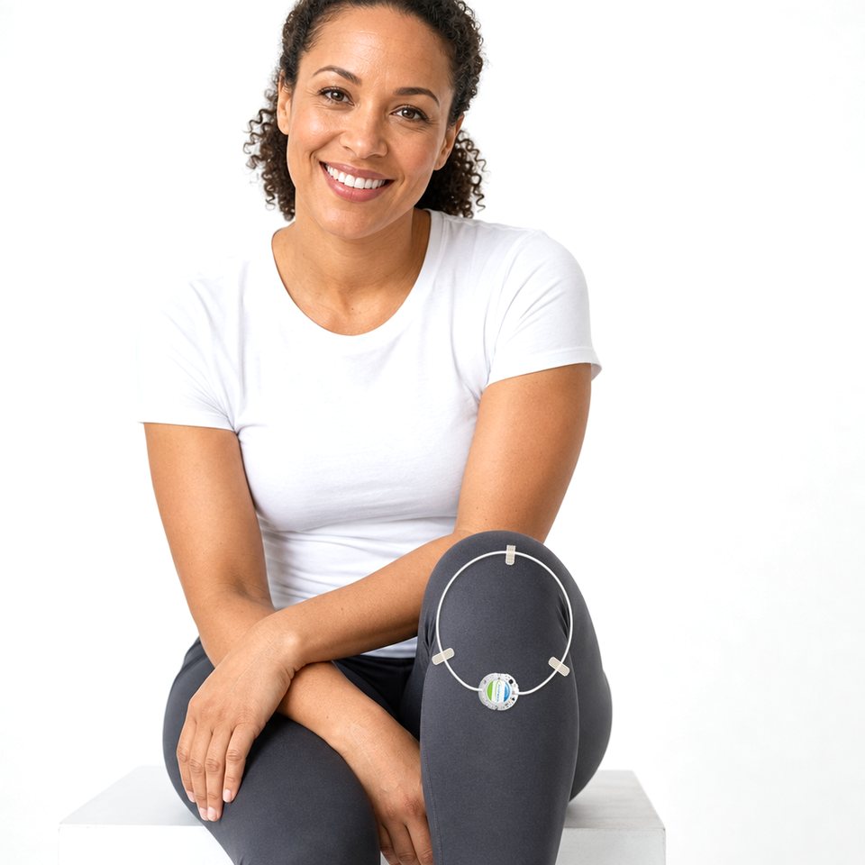 Smiling mixed-race woman wearing an ActiPatch® loop and control unit taped over thin leggings on her right knee